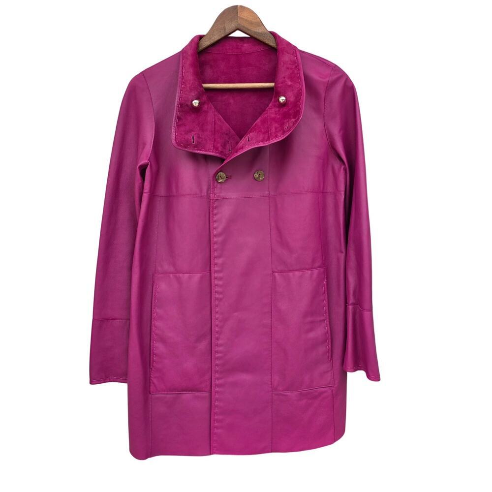 Women's Reversible Suede Leather Jacket Fuchsia Pink - Picture 2 of 9